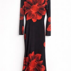 SHEIN Black Maxi Dress with Red Floral Print - Long Sleeve